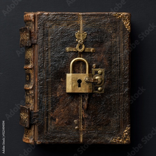 Ancient leather-bound book with ornate gold lock and dark cover, perfect for fantasy games, escape rooms, or design