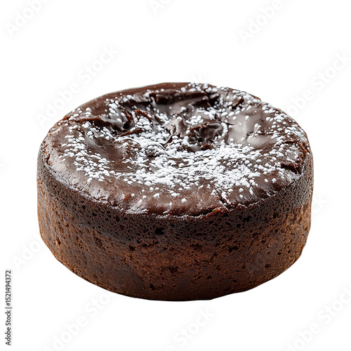 Delicious chocolate cake with a glossy surface and a sprinkle of powdered sugar on top, perfect for dessert lovers.