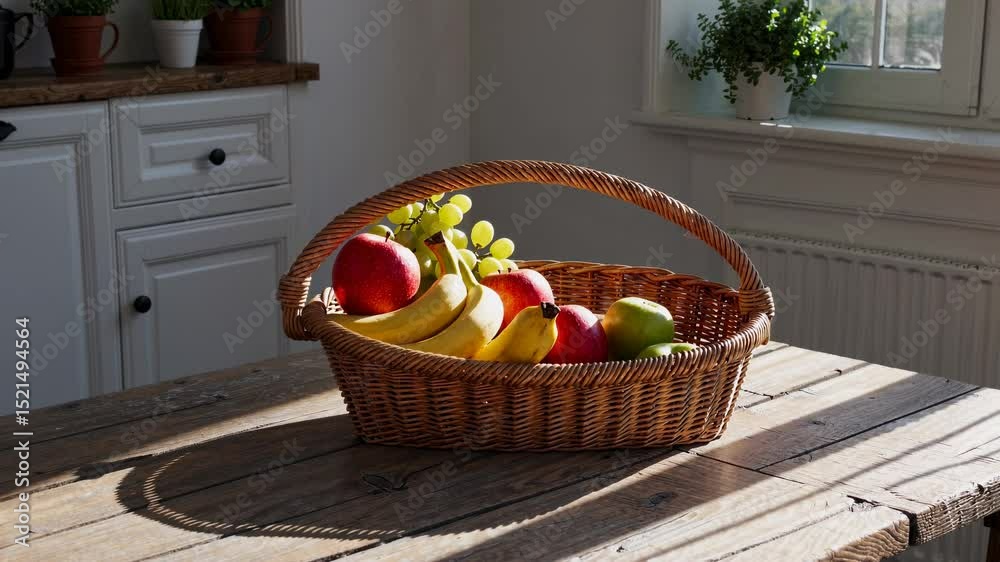 A rustic kitchen scene with a wicker basket of fruit on a wooden table. Shot from a side angle, ideal for a cooking video backdrop.