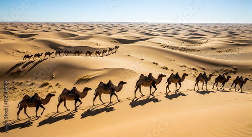 Camel Caravan Traversing Sand Dunes During Sunny Day In Sahara Desert