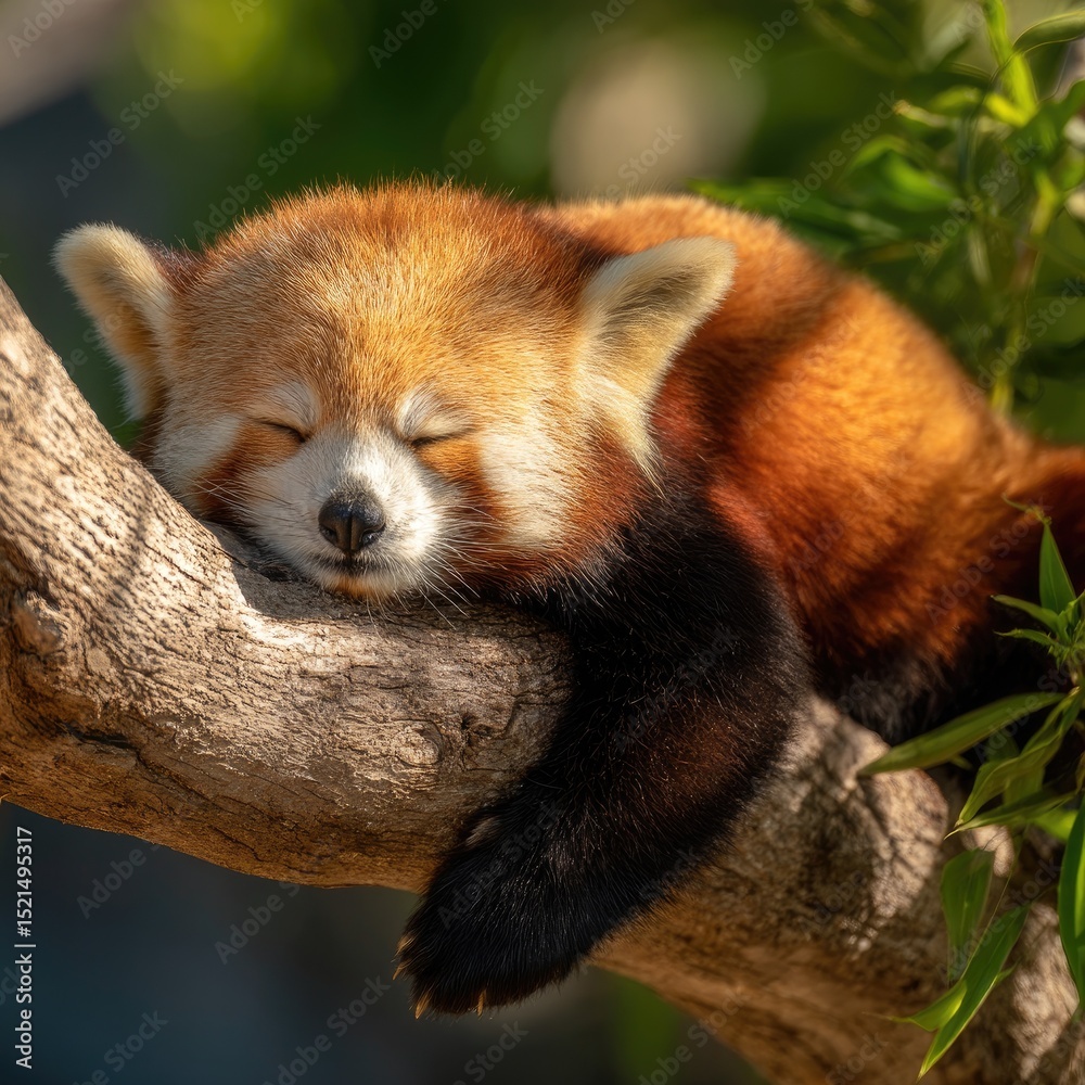 Obraz premium Relaxed Red Panda Sleeping Peacefully in Tree Branch Sunshine