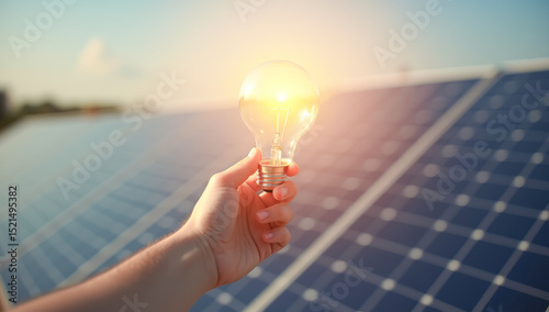 a light bulb in his hand against the background of solar panels is a concept for saving electricity