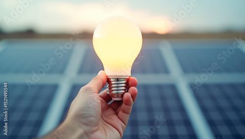 a light bulb in his hand against the background of solar panels is a concept for saving electricity