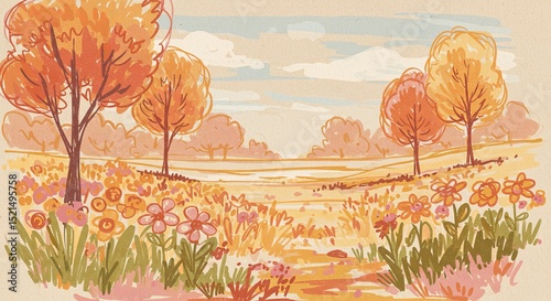 A dreamy autumn landscape with flowers in bloom offering peace and a sense of tranquil with soft