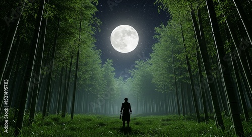 A lone wanderer silhouetted in a dreamy bamboo forest bathed in moonlight at night with a soft misty