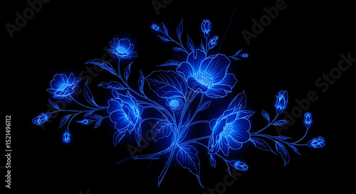 Elegant Blue Neon Floral Design On A Black Background For Decoration