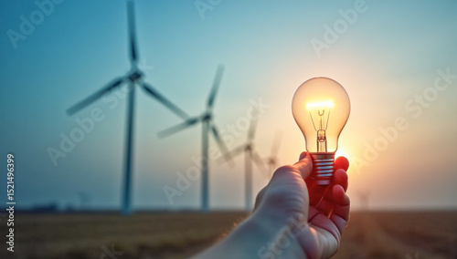 a light bulb in his hand against the background of wind farms is a concept for saving electricity