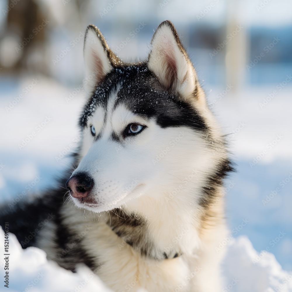 Naklejka premium Majestic Siberian Husky with Blue Eyes in a Winter Wonderland Setting