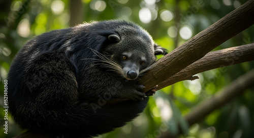 Binturong Resting Gracefully On A Tree Branch In Lush Jungle Setting