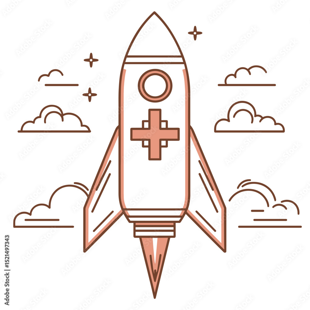 Fototapeta premium Outlined Rocket Ship Launching Through Clouds and Stars in a White Background for Space Travel and Innovation