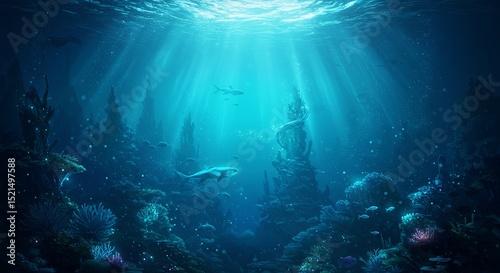 An enchanting underwater world alive with vibrant coral reefs and marine life bathed in shimmering