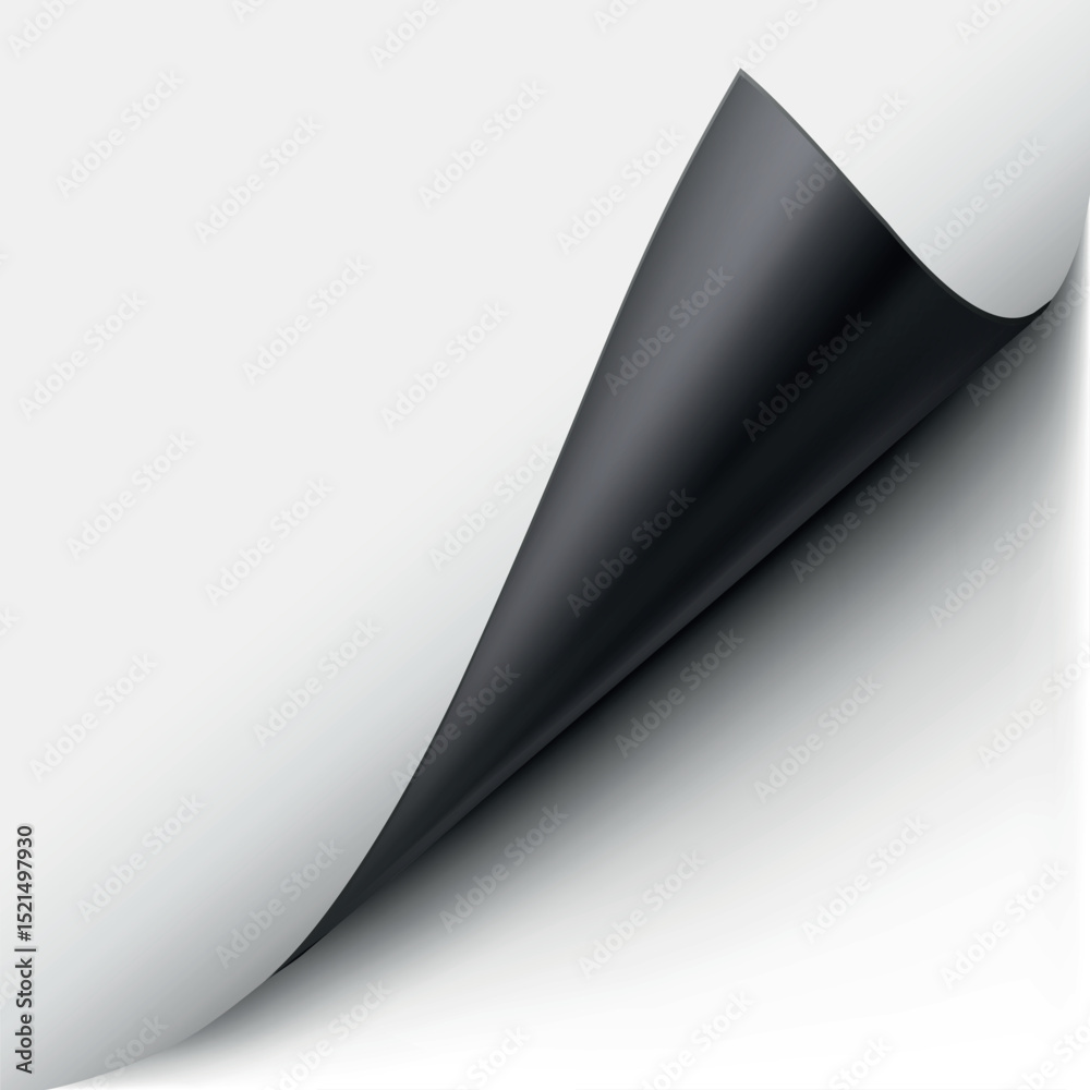 Curled paper corner with black reverse side, white paper page turn corner, vector realistic pages edge curl with shadow