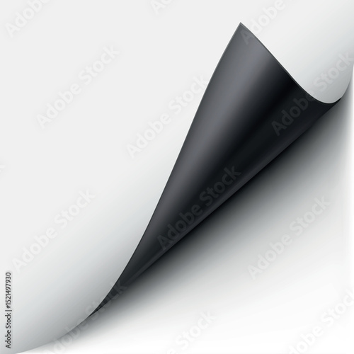 Curled paper corner with black reverse side, white paper page turn corner, vector realistic pages edge curl with shadow