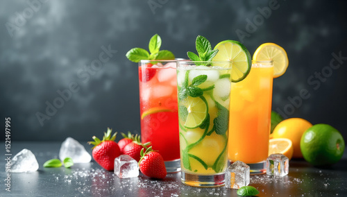 fruit mojito juice with ice on a black background