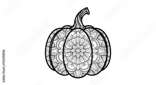 Detailed Illustration of an Ornate Pumpkin with Swirling Patterns Isolated on Transparent Background