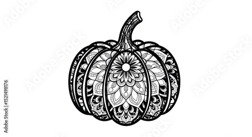 Stylized Illustration of a Decorative Pumpkin with Intricate Patterns on Transparent Background