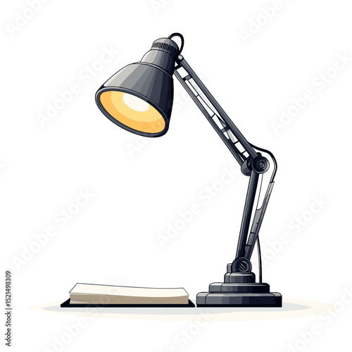 Pixel Art Still Life of Gray Desk Lamp Illuminating Open Book on Table with White Background