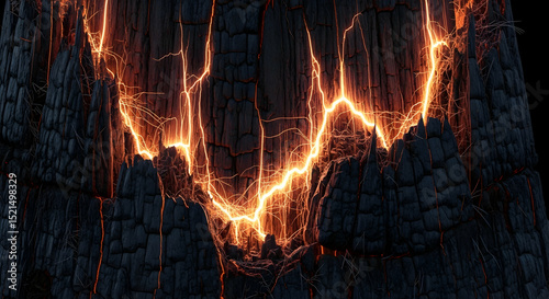 Glowing Amber Veins Intertwined within Charred Wood Texture Abstract