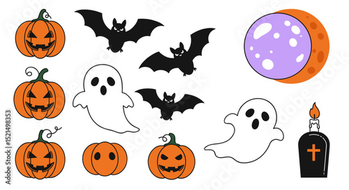Illustrations of Halloween pumpkins, ghosts, and bats on a white background  