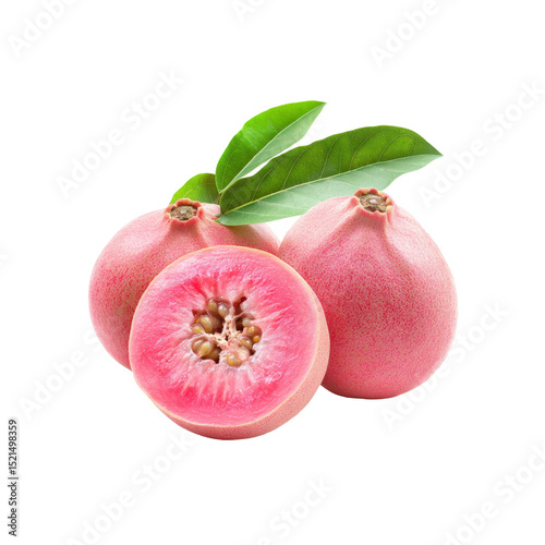 Exotic Guava Delight: Freshly harvested guavas, their pink flesh glistening temptingly under the light, adorned with vibrant green leaves, a tantalizing invitation to a tropical experience. photo