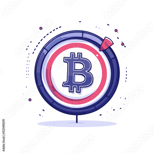 Pixelated Bitcoin Symbol in Circular Blue Frame with Red Arrow for Digital Currency and Blockchain Technology with White Background