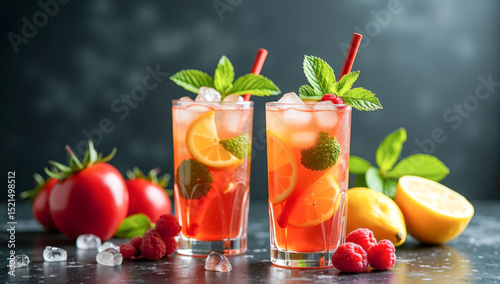 fruit mojito juice with ice on a black background