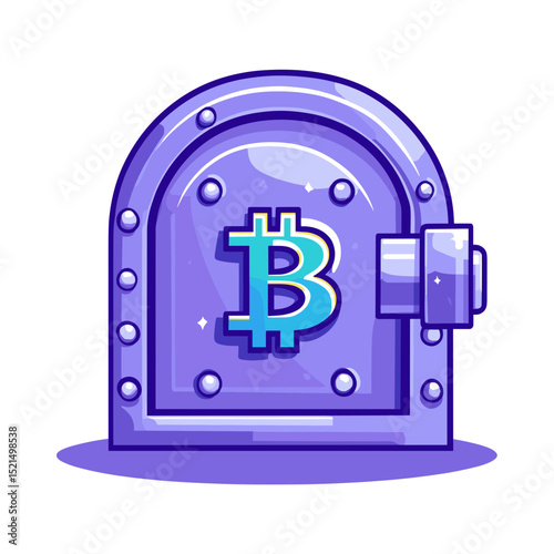Pixelated Purple Vault Door with Bitcoin Symbol Illustrating Secure Cryptocurrency Storage on White Background
