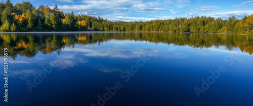 Still, glassy Muskoka lake reflecting trees, calm surface,  photography, still
