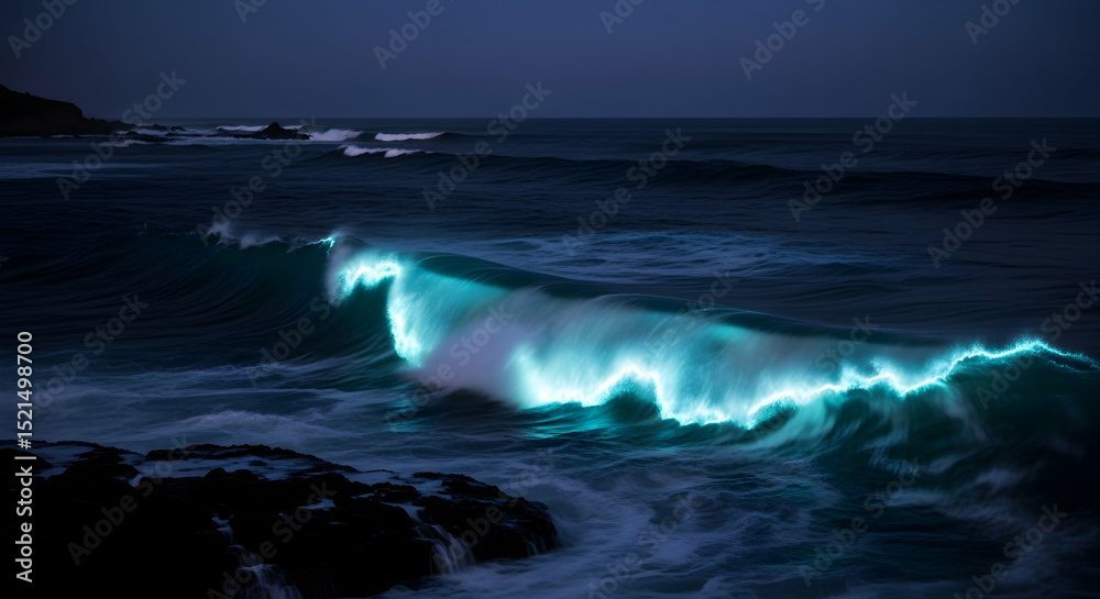 Naklejka premium Bioluminescent Waves Crash Against a Rocky Coastline at Night
