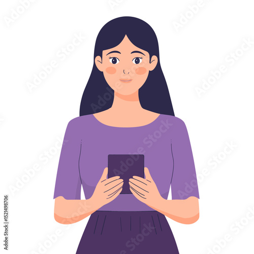 Portrait of a Smiling Young Woman Holding Cellphone Wearing Purple T Shirt on White Background Isolated with Modern Flat Design