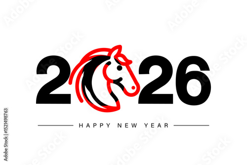 Happy New Year 2026. Red fire horse symbol of the new year 2026 according to the Chinese calendar. Vector new year design for a postcard or poster