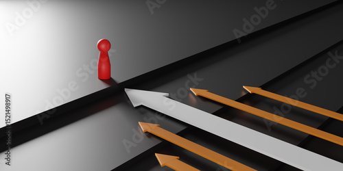 A red doll leads above orange and white arrows, symbolizing leadership, ambition, and success. The 3D render represents progress, competition, and forward-thinking strategies in a business context.