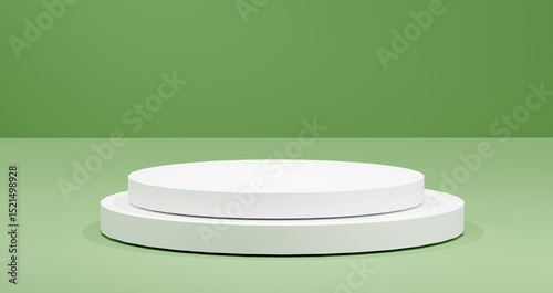 White round podium stands on a light green background, bathed in soft, diffused lighting. Modern product display platform for showcasing cosmetics to tech, emphasizing simplicity in presentations.