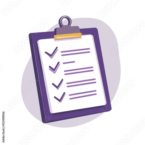 Purple Clipboard with Four Checkmarks on a Light Purple Circular Background for Task Management and Quality Control