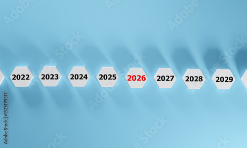 Hexagonal blocks with highlighting 2026 years in red. Symbolizes future planning, annual timelines, business forecasting, strategic goals. Ideal for presentations, reports, and vision concepts now.