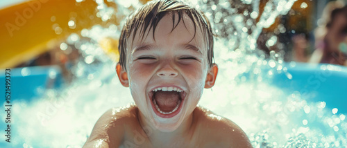 Laughing child enjoying thrilling splash on water slide at summer water park