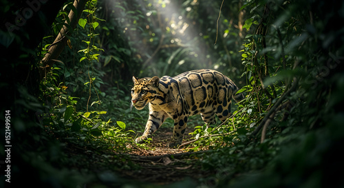 Clouded Leopard Wanders Through Sunlight Dappled Rainforest Under Growth