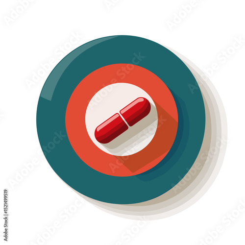 Red Capsule Medication on Circular Blue and Red Background Healthcare and Pharmaceutical Concept Vector Illustration