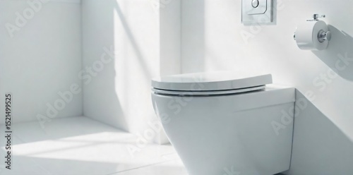 Close-up of a clean, modern toilet bowl in a bright, minimalist bathroom Gleaming porcelain, chrome fixtures, and crisp white surfaces create a feeling of luxury and hygiene , sparkling, porcelain