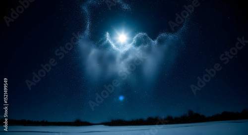 Wintery Sky With Glowing Star And Sparkling Cloud In Dark Blue