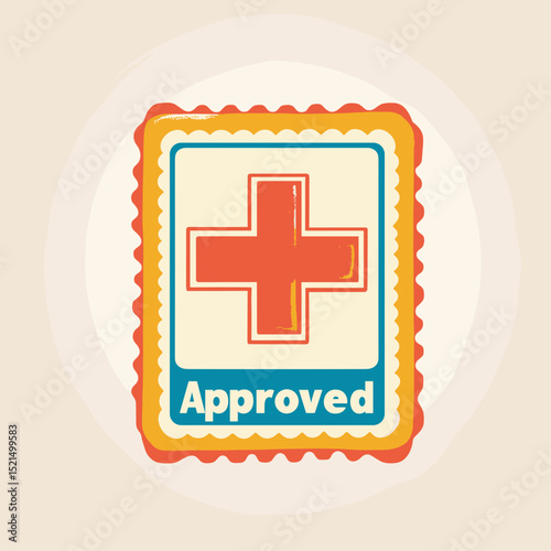 Red Cross Approved Seal with Cream Background and Blue Label for Medical Validation and Quality Assurance