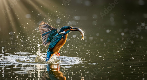 Majestic Kingfisher Emerges From Water With Catch Under Sunlit Skies