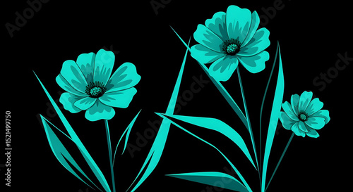 Floral Artwork Featuring Cyan Blooms Against a Dramatic Dark Backdrop