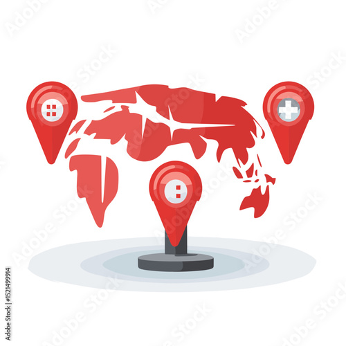 Red World Map with Location Pins on Gray Platform Digital Art Represents Worldwide Navigation and Geographic Locations