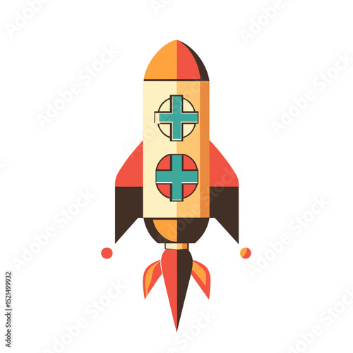 Retro Cartoon Rocket Ship with Orange and Blue Flames Against White Background Illustration of Spacecraft for Exploration and Fast Travel
