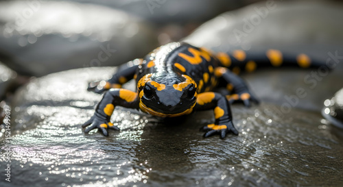 A Spotted Salamander Resting on a Wet Rock Near Clear Water