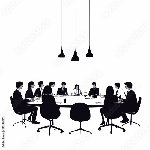 Silhouette People at Round Table Business Meeting with Hanging Lights in White Background