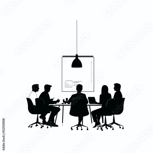 Silhouette of Six People in a Meeting Around Conference Table Under a Lamp with Black and White Theme