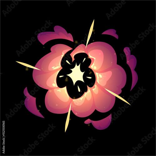 Vector cartoon bomb explosion with smoke, flame and sparks, on black and isolated background.