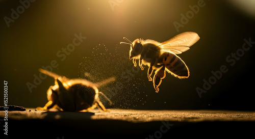 Bees In Dramatic Lighting Flying Around Pollen Dust Particles With Dark Background
